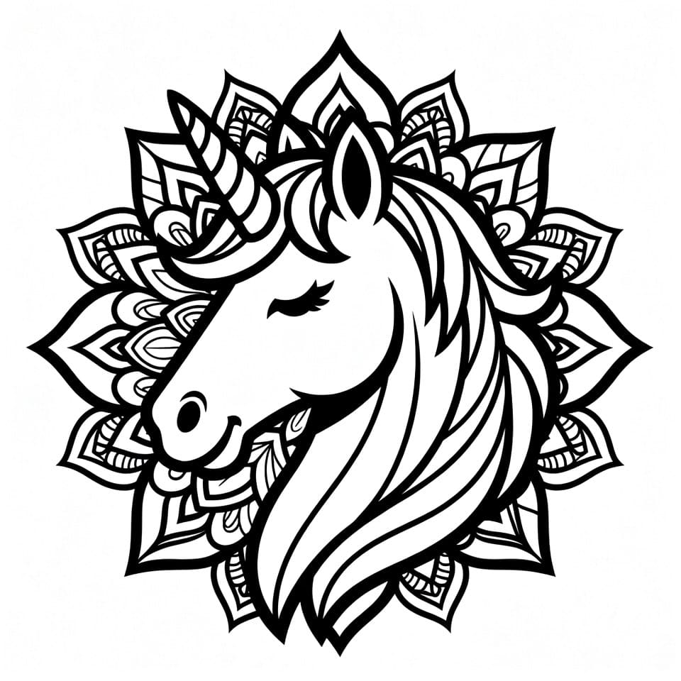 Coloriage Mandala: Licorne souriante Mandalas