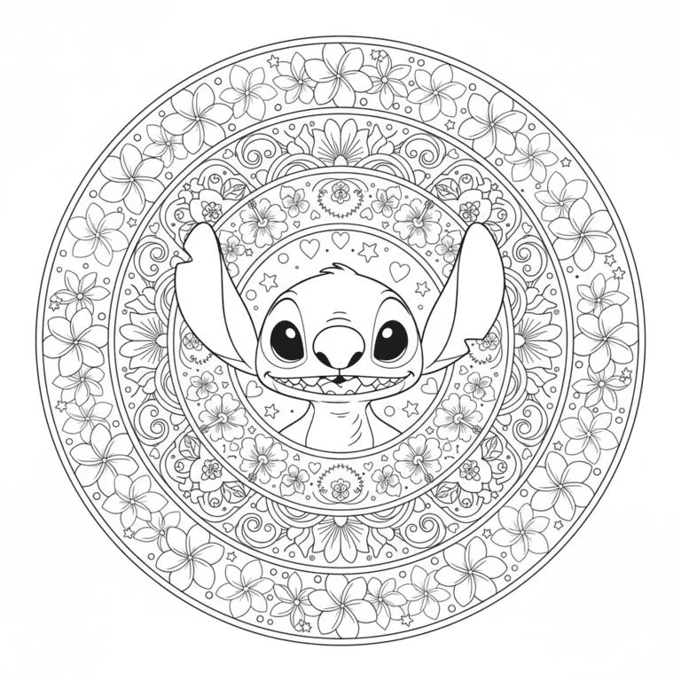 Coloriage Mandala: Stitch avec des fleurs Mandalas