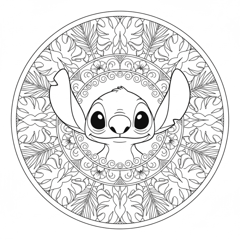 Coloriage Mandala: Stitch avec des éléments tropicaux Mandalas