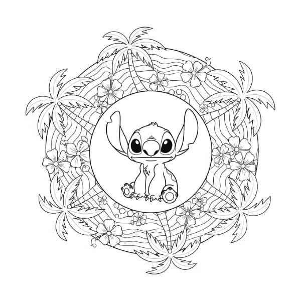Coloriage Mandala: Stitch avec des palmiers Mandalas
