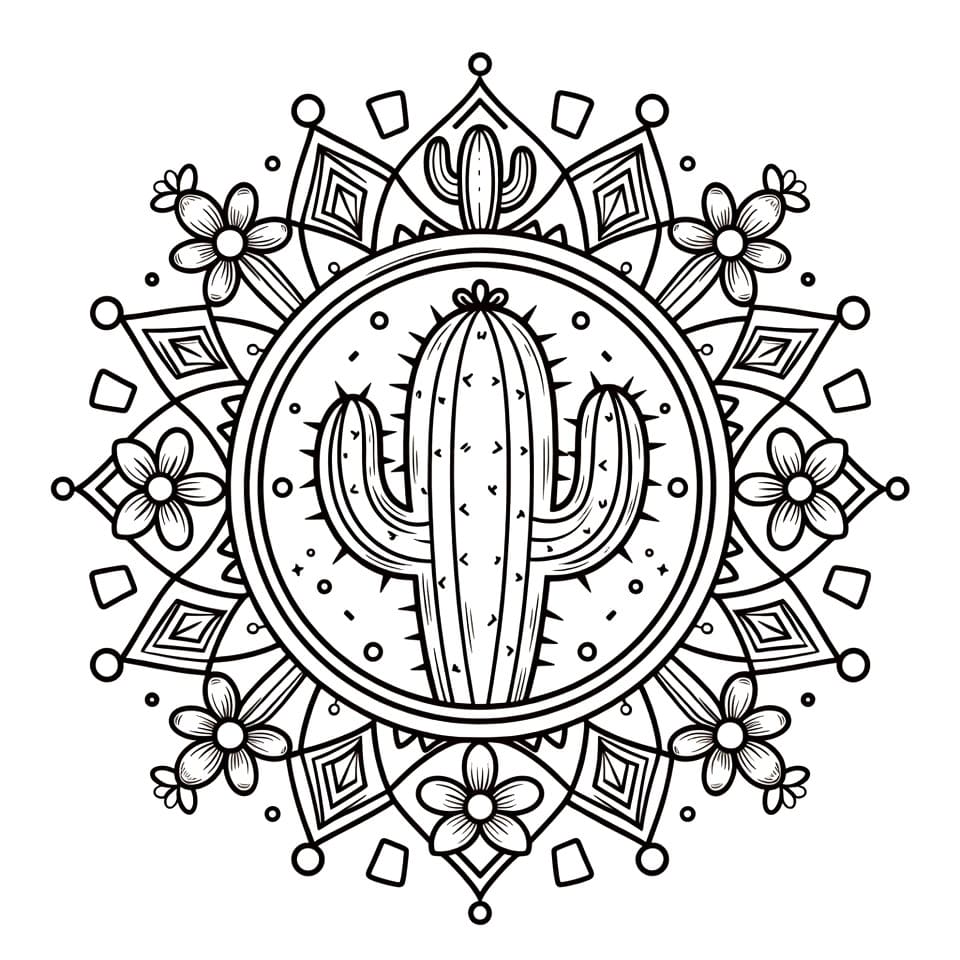 Coloriage Mandala: Cactus avec des fleurs Mandalas