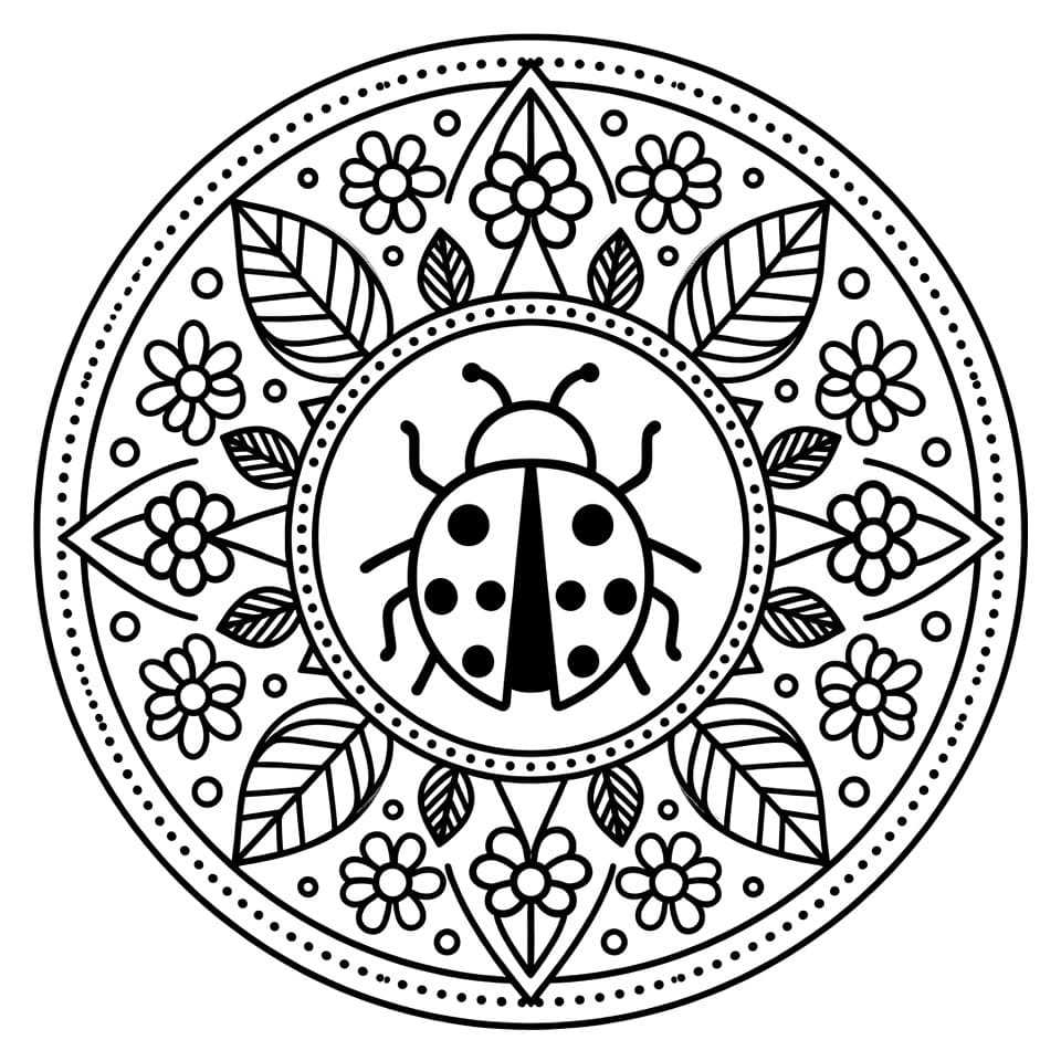 Coccinelle avec des fleurs et des feuilles Mandalas