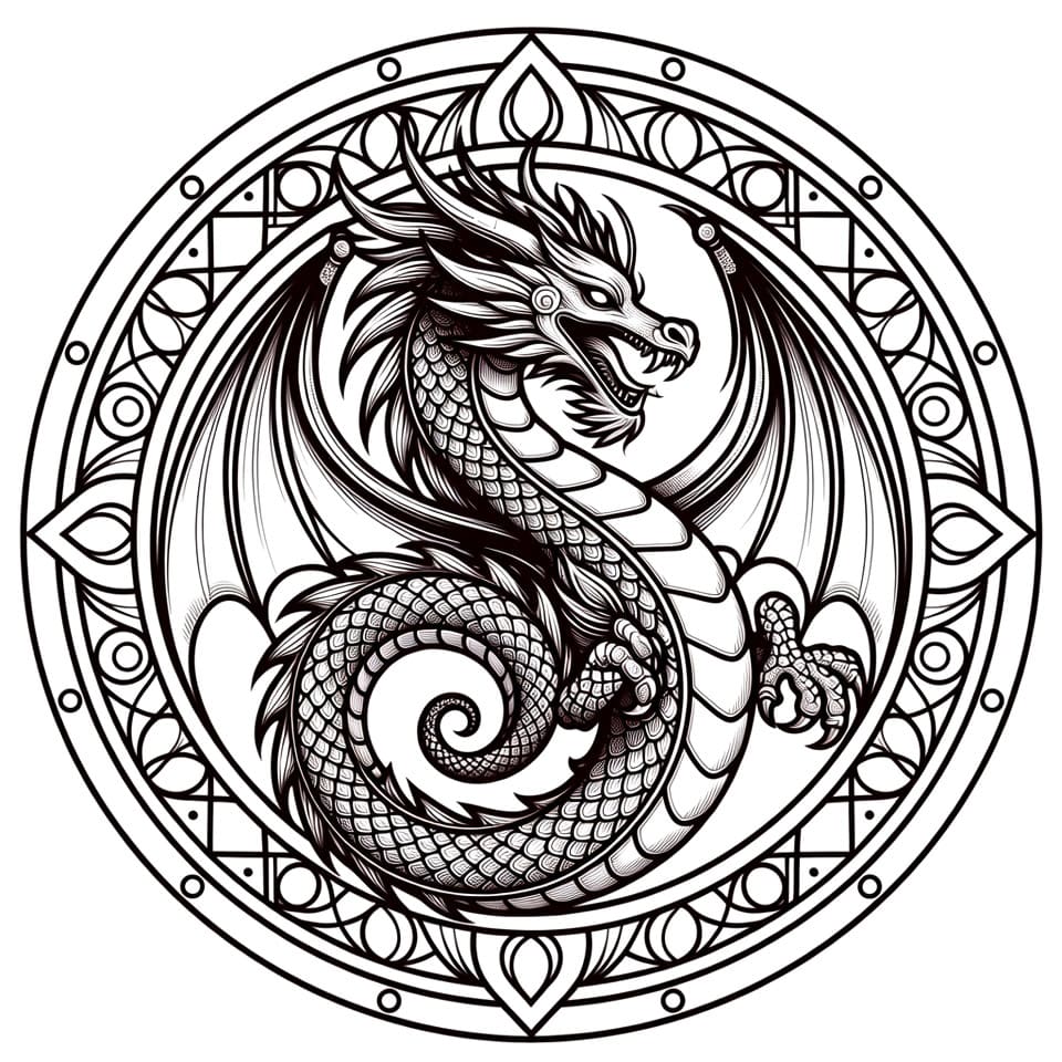 Coloriage Mandala: Dragon aux ailes Mandalas