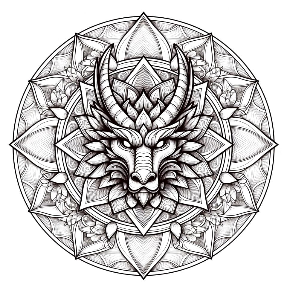 Coloriage Mandala: Dragon aux longues cornes Mandalas