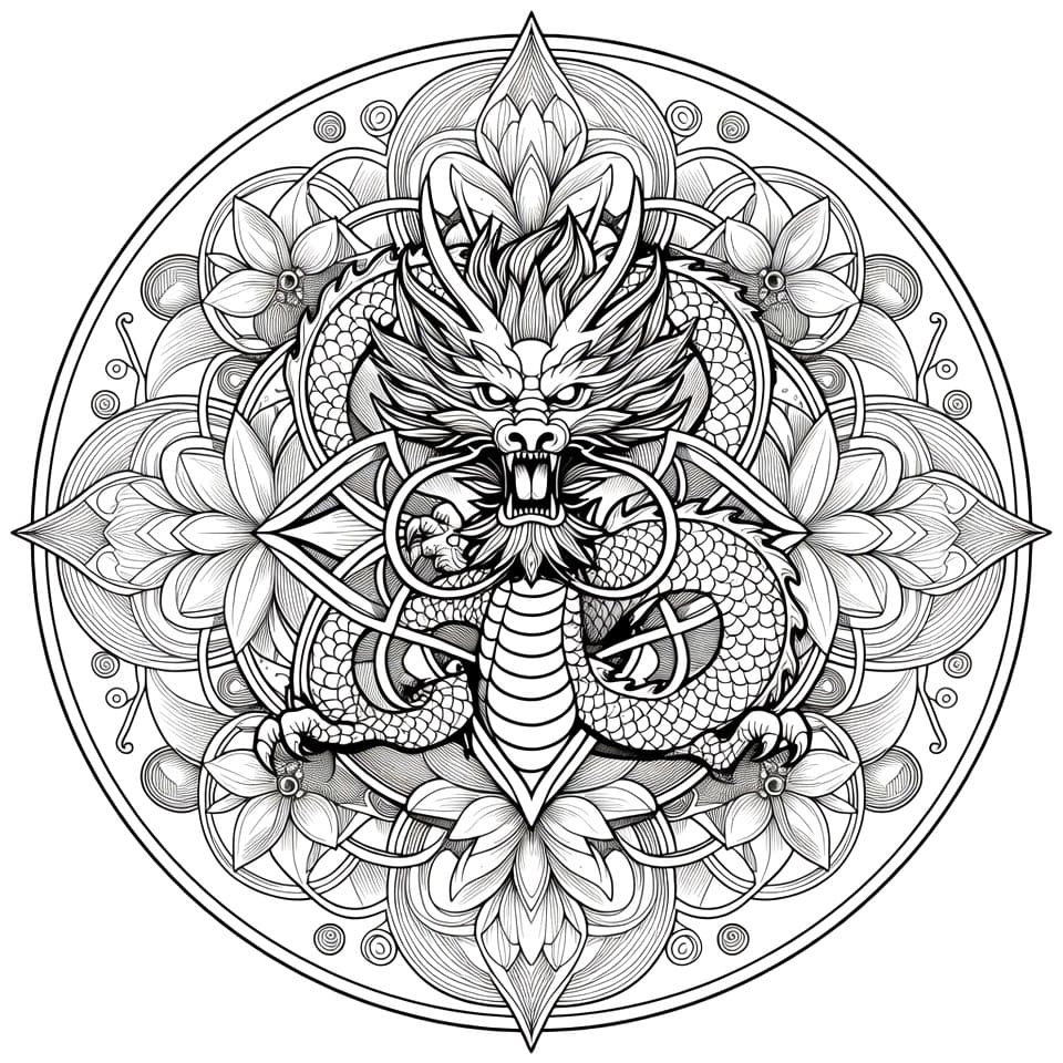Coloriage Mandala: Dragon effrayant Mandalas