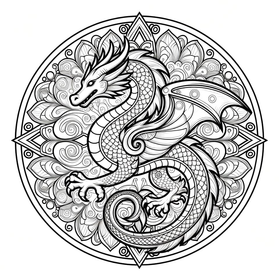 Coloriage Mandala: Dragon impressionnant Mandalas
