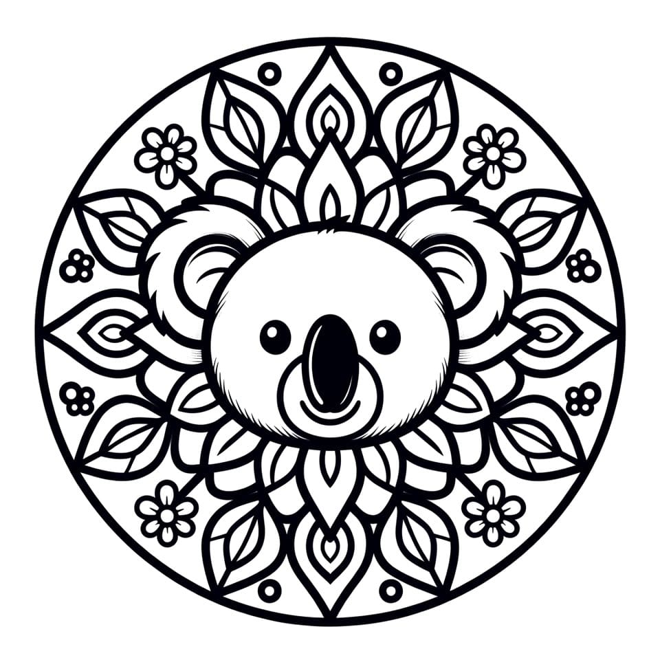 Coloriage Mandala: Koala avec des feuilles Mandalas