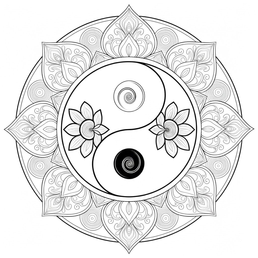 Coloriage Mandala: Yin Yang avec des fleurs de lotus Mandalas