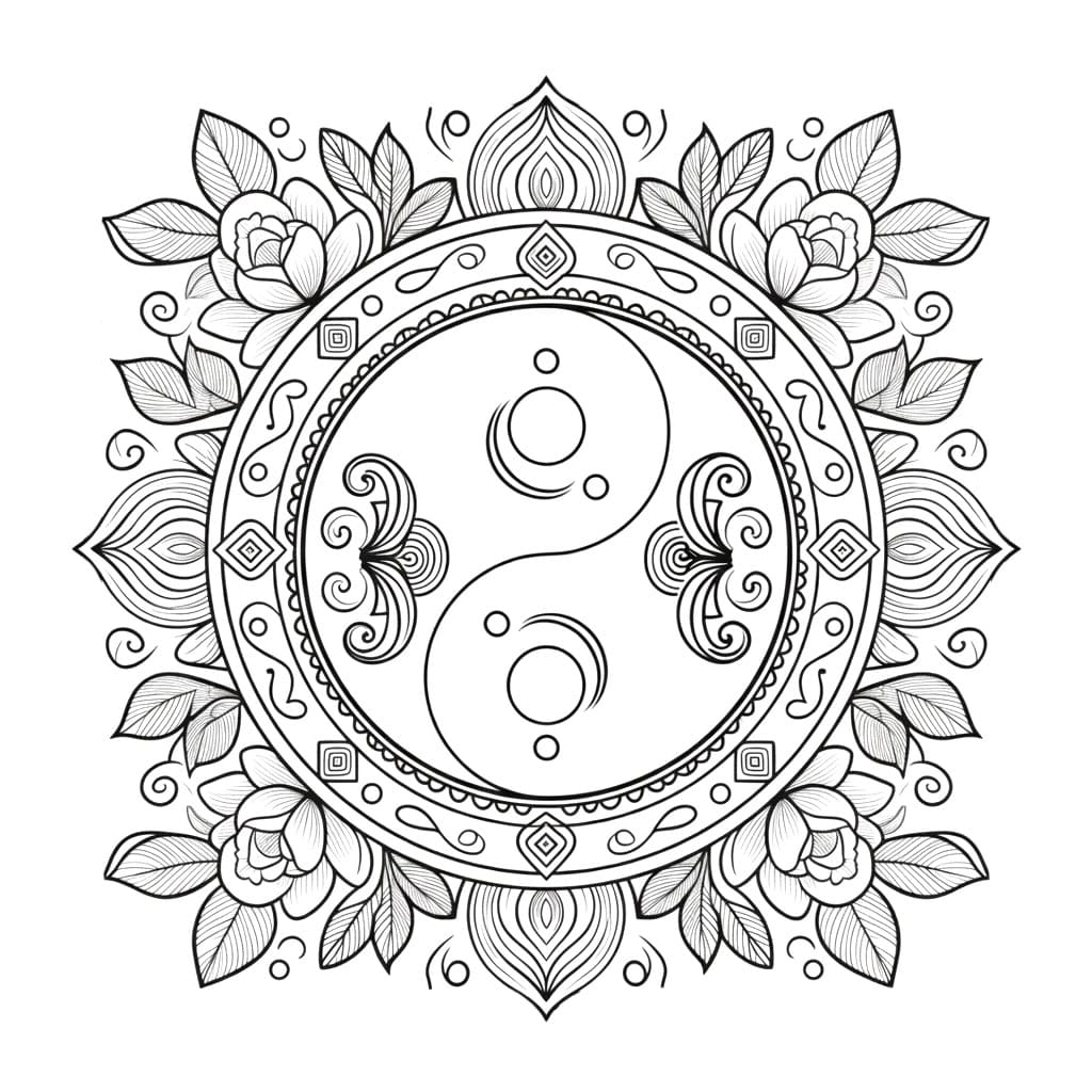 Coloriage Mandala: Yin Yang avec des fleurs Mandalas