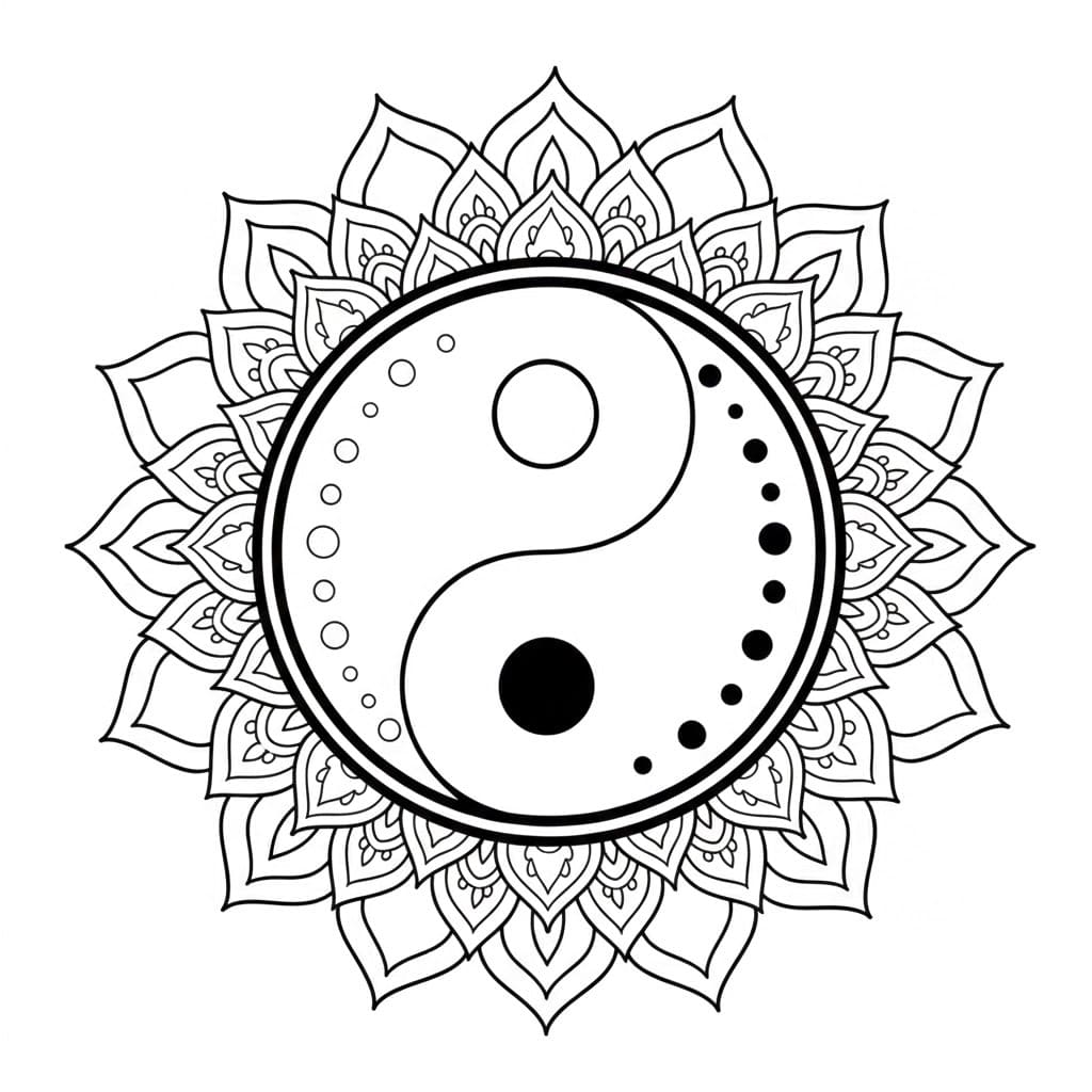 Coloriage Mandala: Yin Yang avec des pétales de fleurs Mandalas