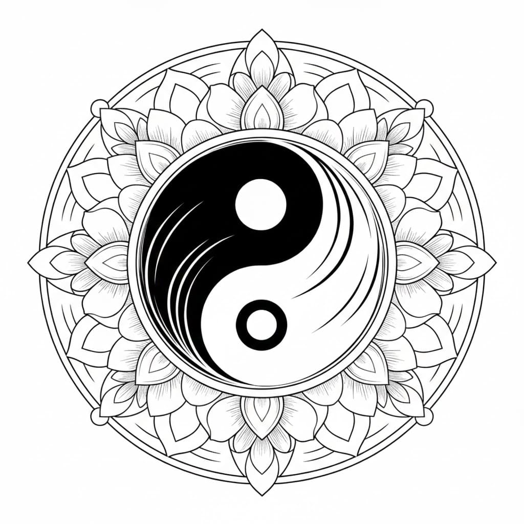 Coloriage Mandala: Yin Yang avec motifs floraux Mandalas