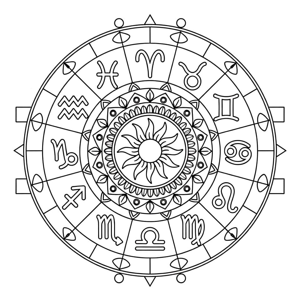 Coloriage Mandala: Zodiaque avec le Soleil Mandalas