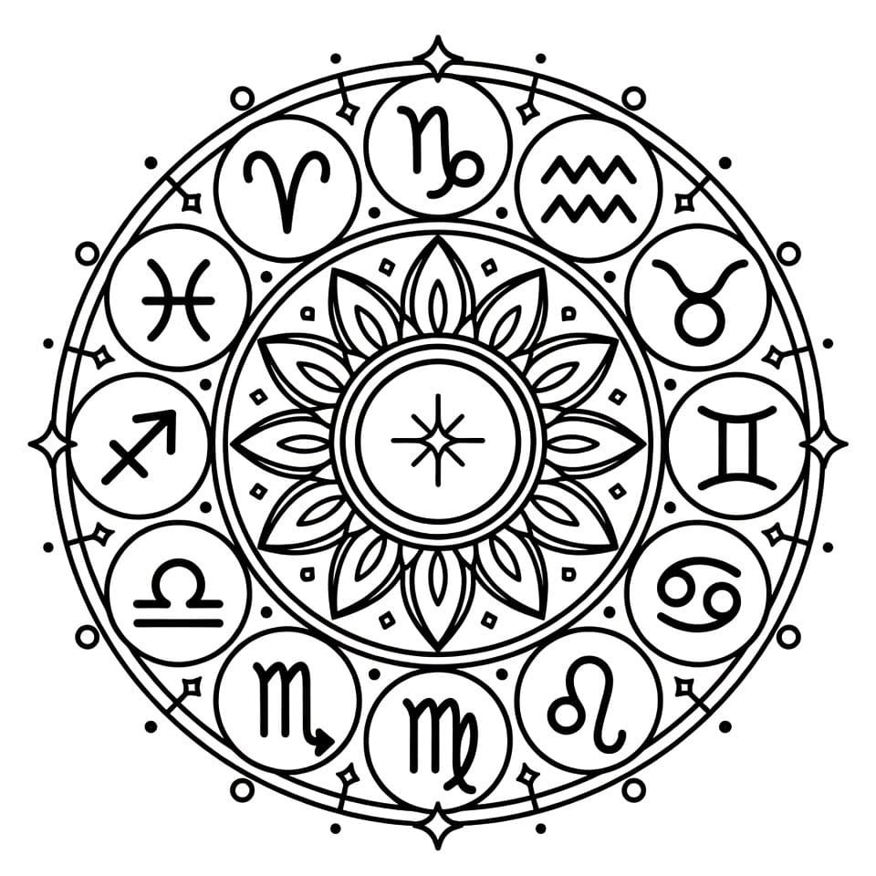 Coloriage Mandala: Zodiaque avec motifs Mandalas
