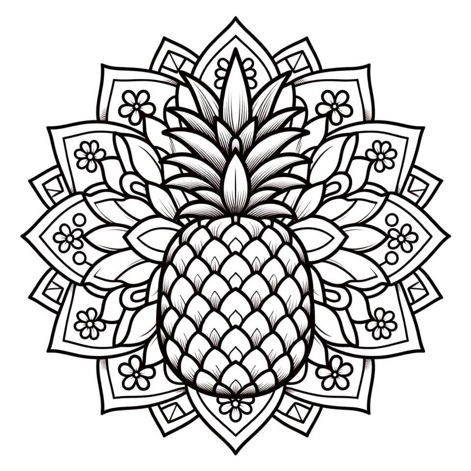 Coloriage Mandala: Ananas à motif floral Mandalas