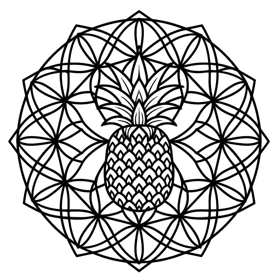 Coloriage Mandala: Ananas à motif symétrique Mandalas