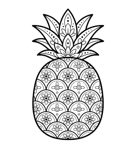 Coloriage Mandala: Ananas avec des fleurs Mandalas