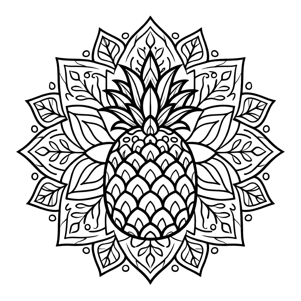 Coloriage Mandala: Ananas et feuilles Mandalas