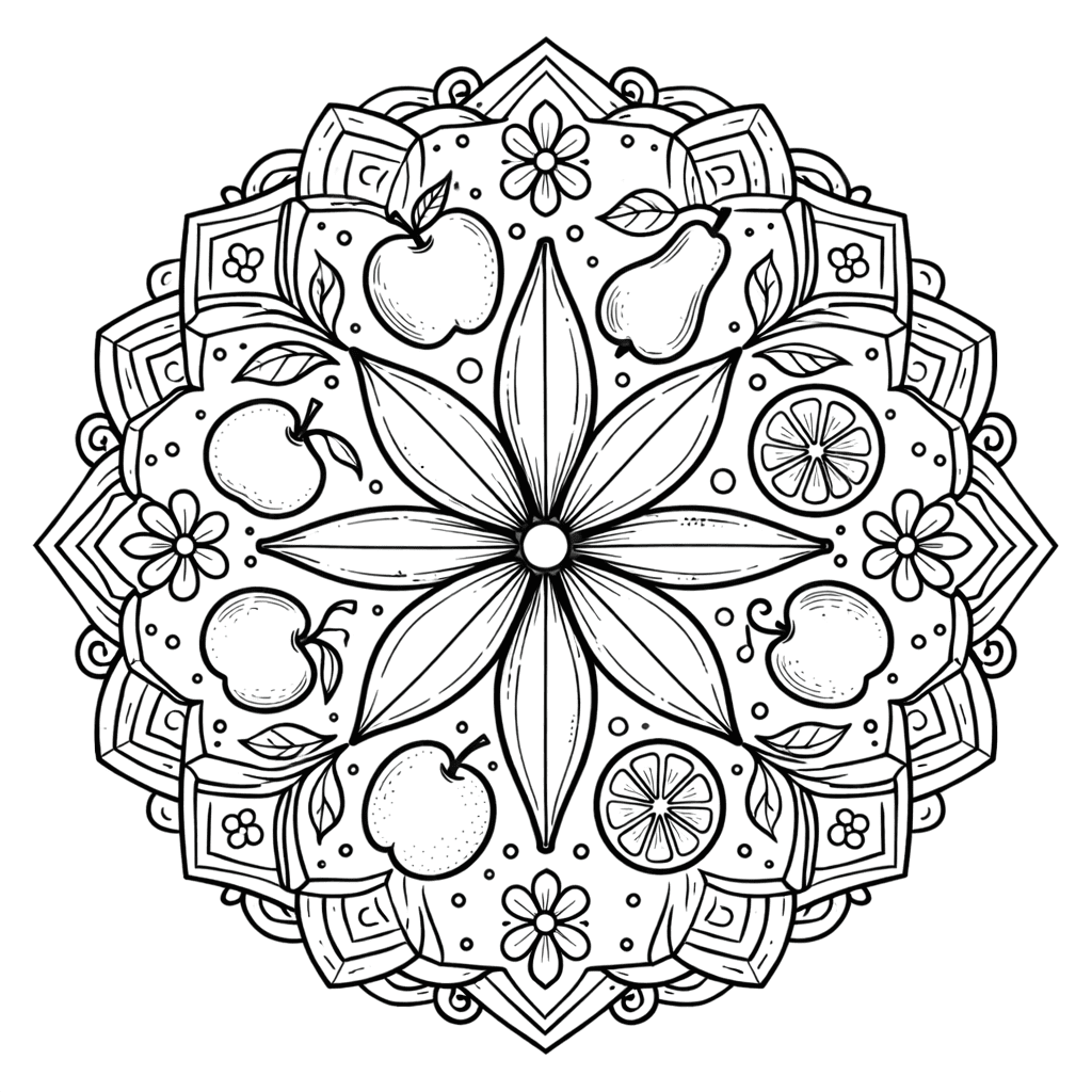 Coloriage Mandala: Bananes et fruits Mandalas