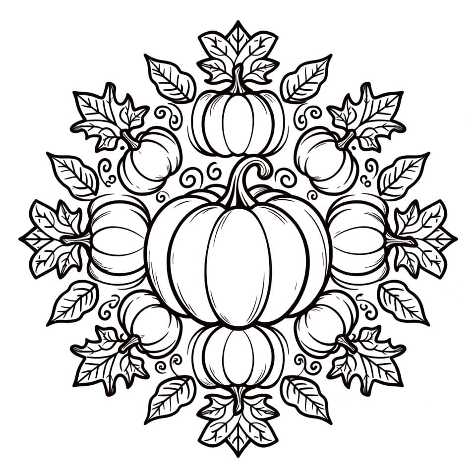 Coloriage Mandala: Citrouilles et feuille Mandalas