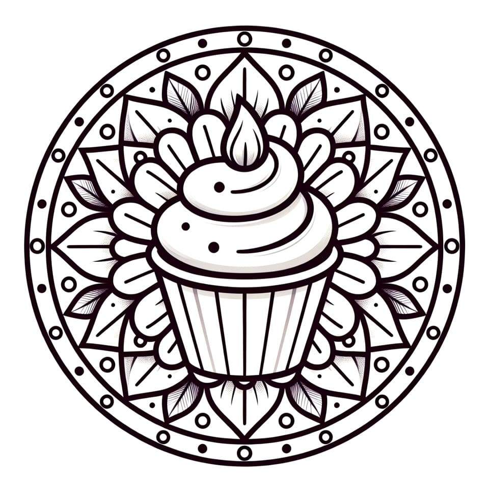 Coloriage Mandala: Cupcake à motifs floraux Mandalas