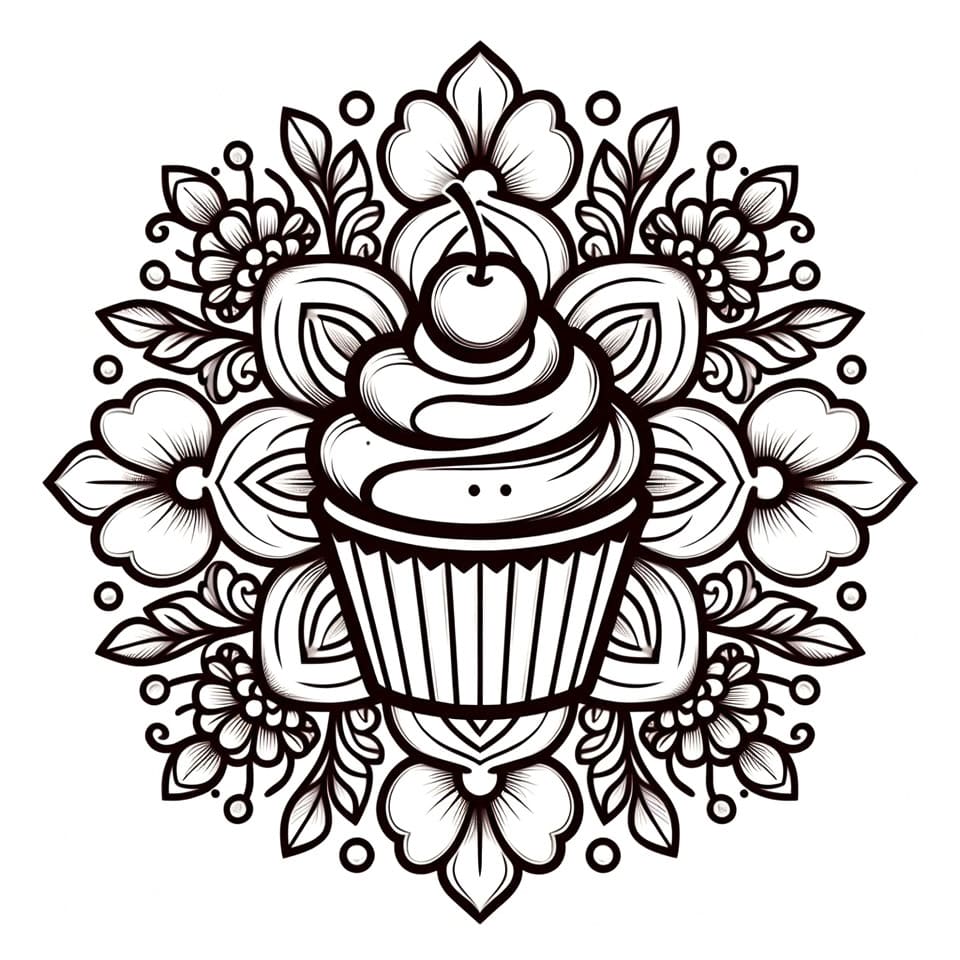 Coloriage Mandala: Cupcake avec des fleurs Mandalas