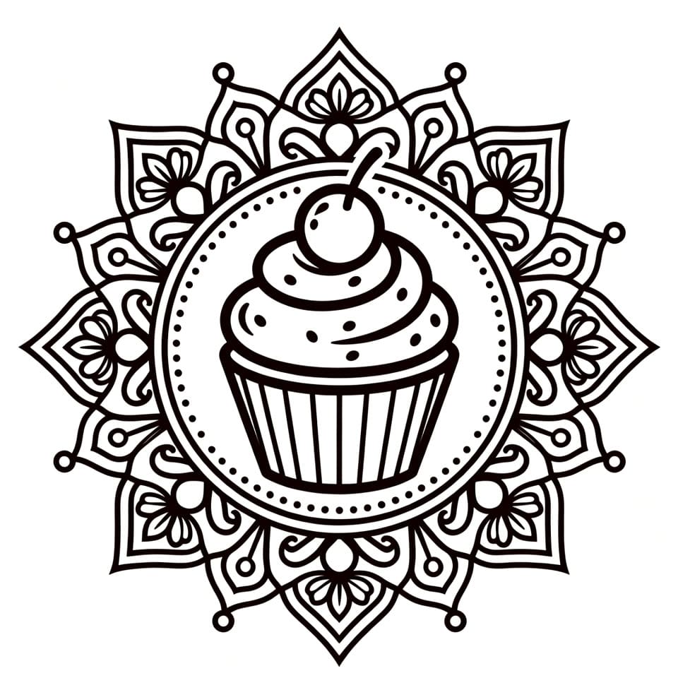 Coloriage Mandala: Cupcake avec une grosse cerise Mandalas