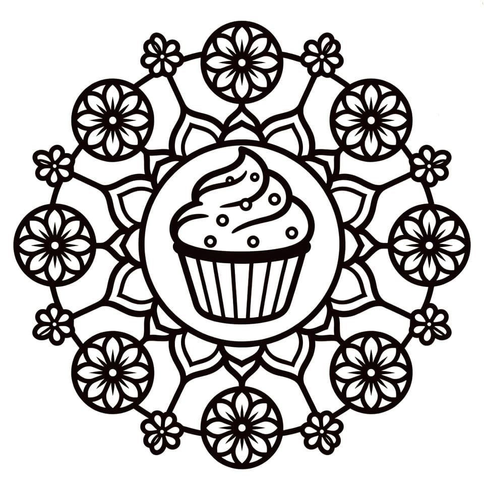 Coloriage Mandala: Cupcake et fleurs Mandalas