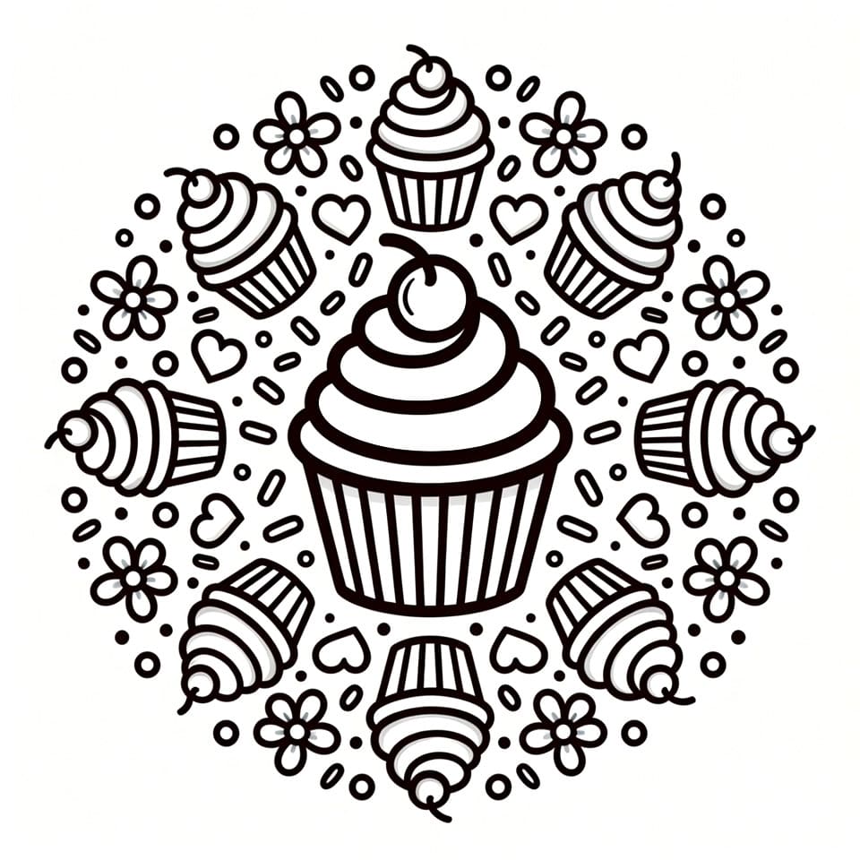 Coloriage Mandala: Cupcakes, cœurs et fleurs Mandalas