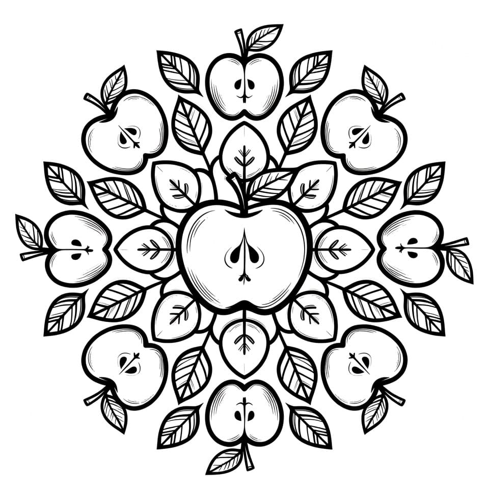 Coloriage Mandala: Pommes avec feuilles Mandalas