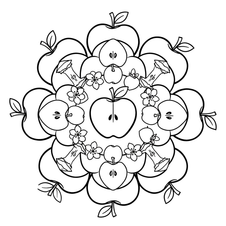 Coloriage Mandala: Pommes et fleurs Mandalas