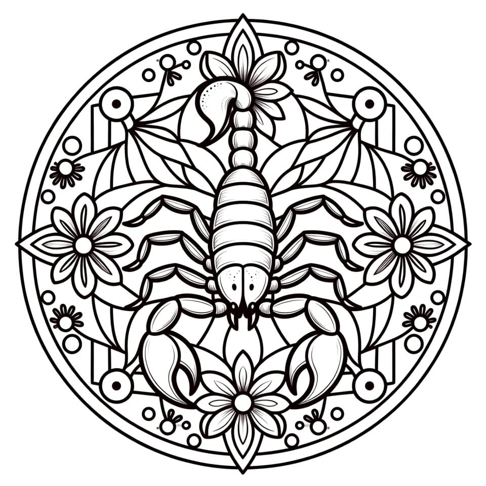 Coloriage Mandala: Scorpion avec des fleurs Mandalas
