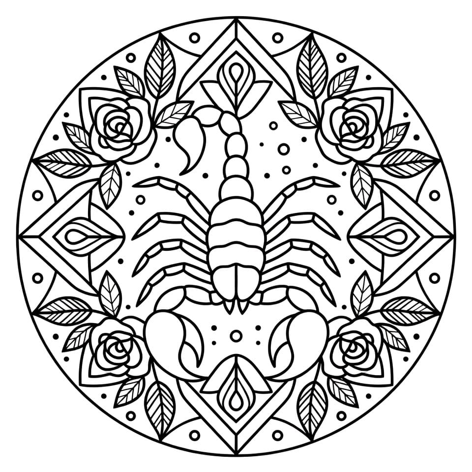 Coloriage Mandala: Scorpion avec des roses Mandalas