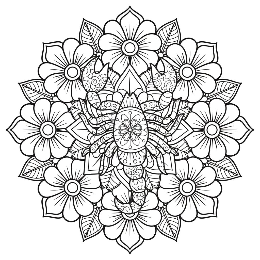 Coloriage Mandala: Scorpion et fleurs Mandalas