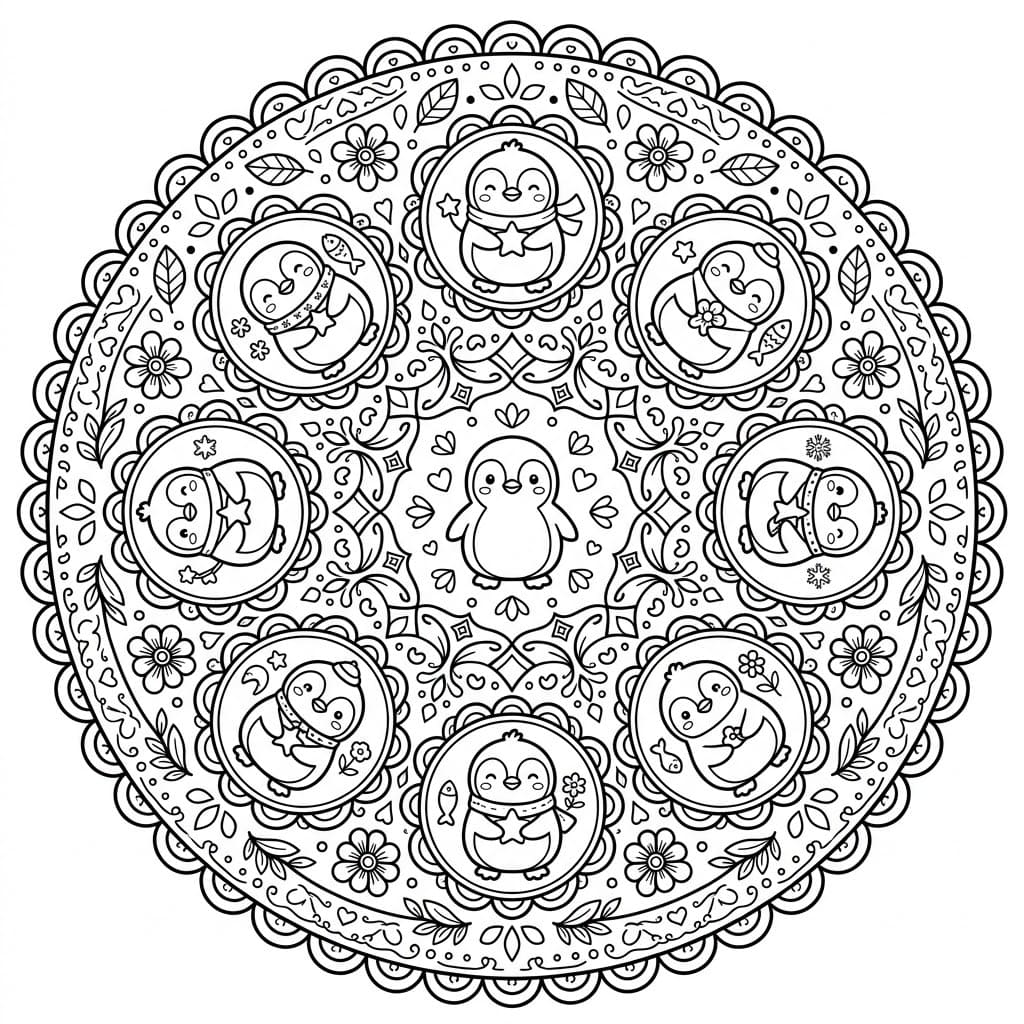 Coloriage Mandala: Adorables pingouins Mandalas