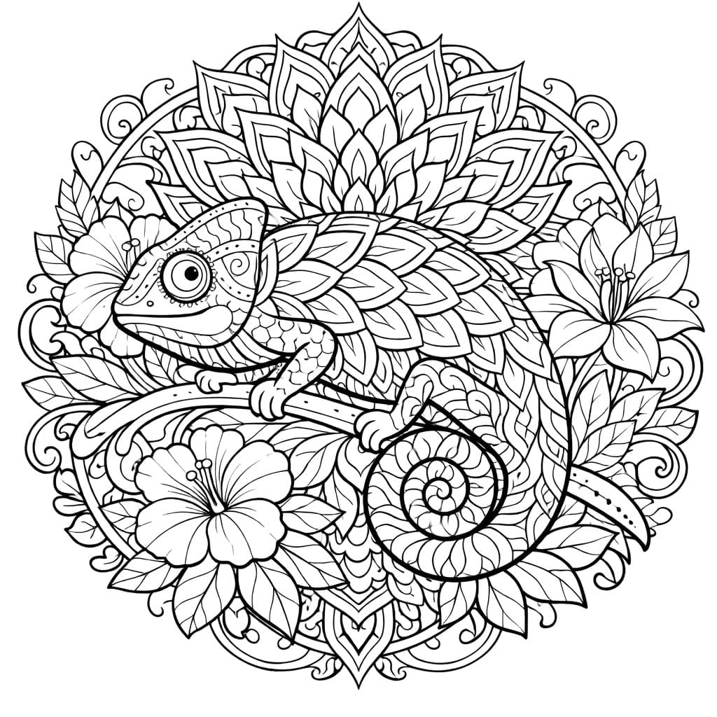 Coloriage Mandala: Caméléon à motifs en forme de pétales Mandalas