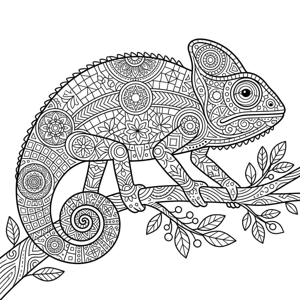 Coloriage Mandala: Caméléon à motifs mosaïques Mandalas