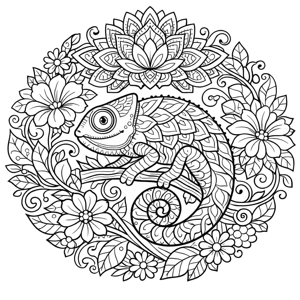 Coloriage Mandala: Caméléon aux éléments floraux Mandalas