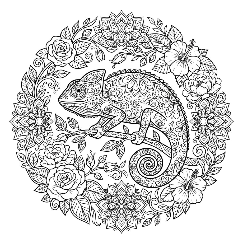 Coloriage Mandala: Caméléon aux éléments naturels Mandalas