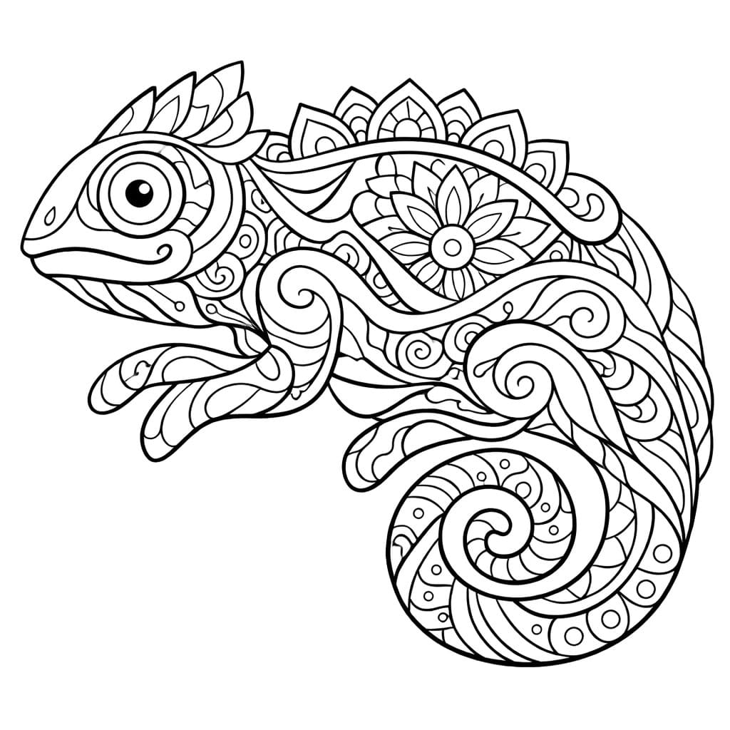 Coloriage Mandala: Caméléon aux motifs fluides Mandalas
