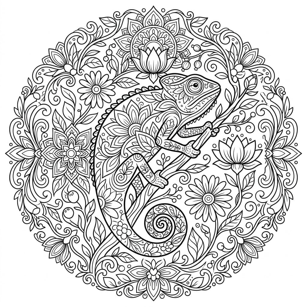Coloriage Mandala: Caméléon dans la nature Mandalas