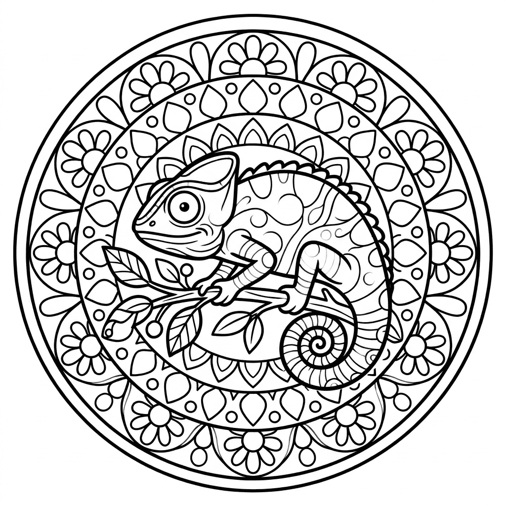 Coloriage Mandala: Caméléon et fleurs Mandalas