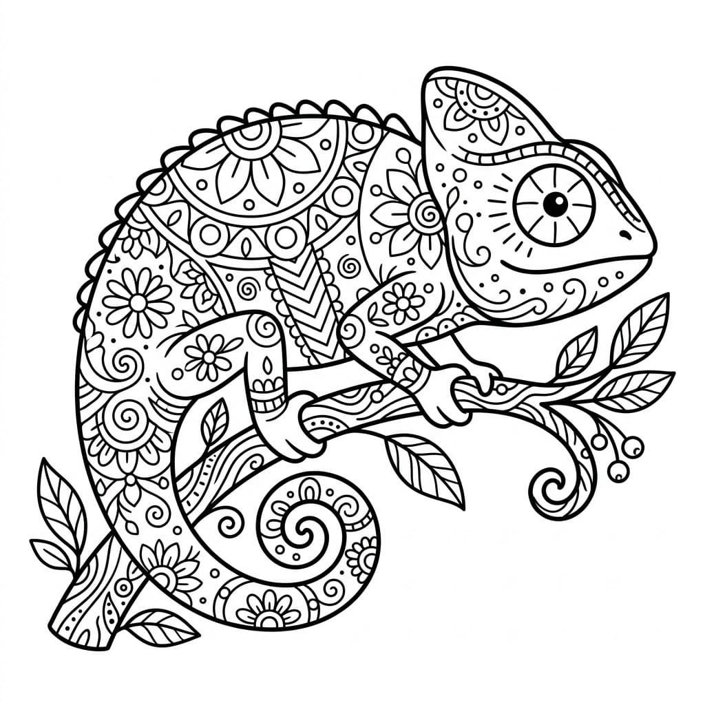 Coloriage Mandala: Caméléon sur une branche d'arbre Mandalas