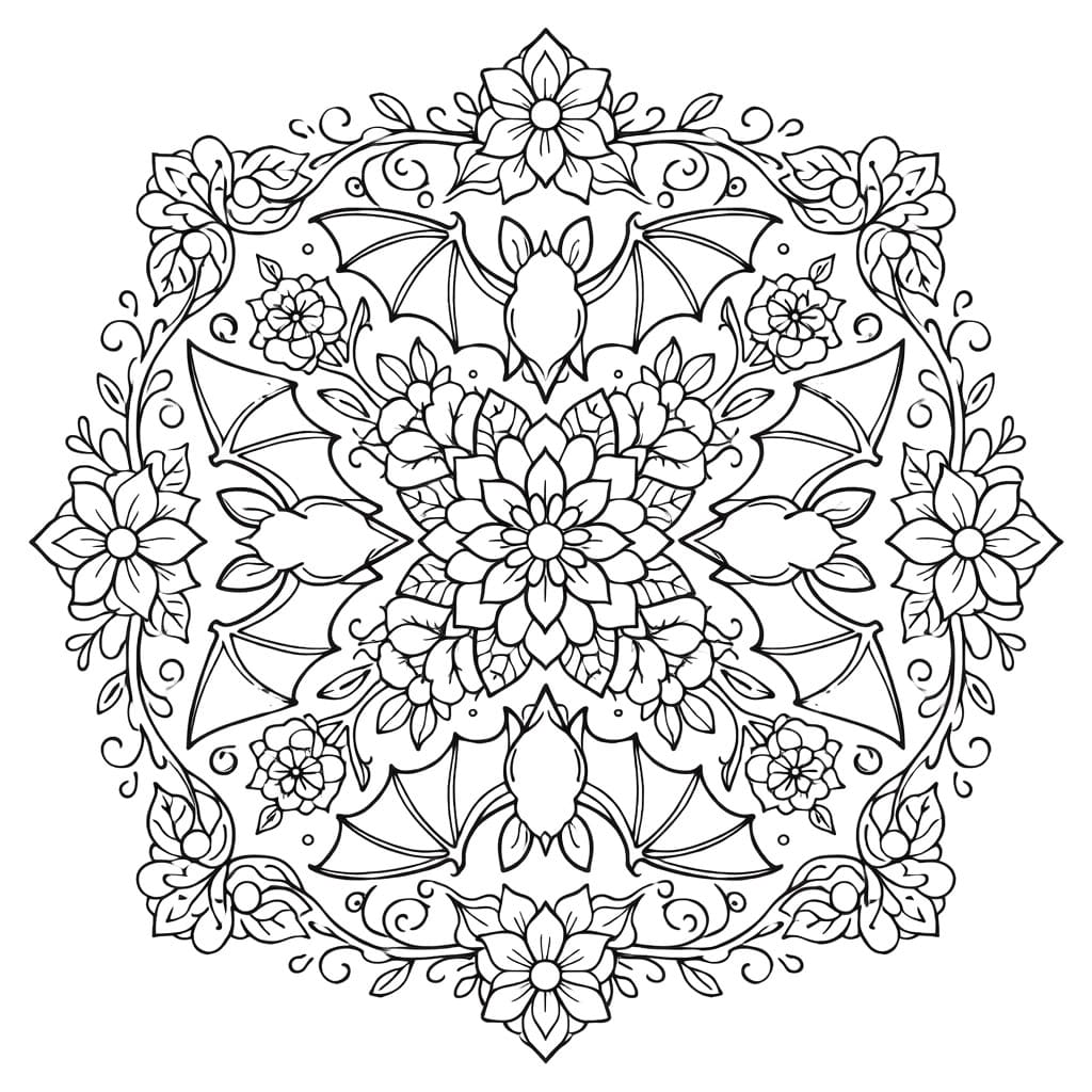 Coloriage Mandala: Chauves-souris à motifs floraux Mandalas