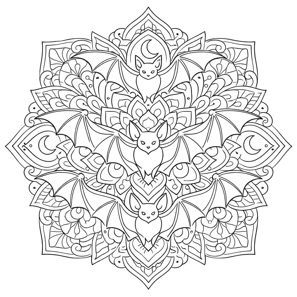 Coloriage Mandala: Chauves-souris et design méditatif Mandalas