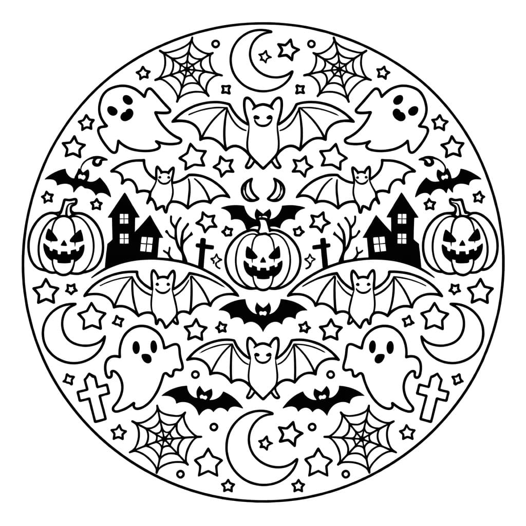 Coloriage Mandala: Chauves-souris et éléments d'Halloween Mandalas