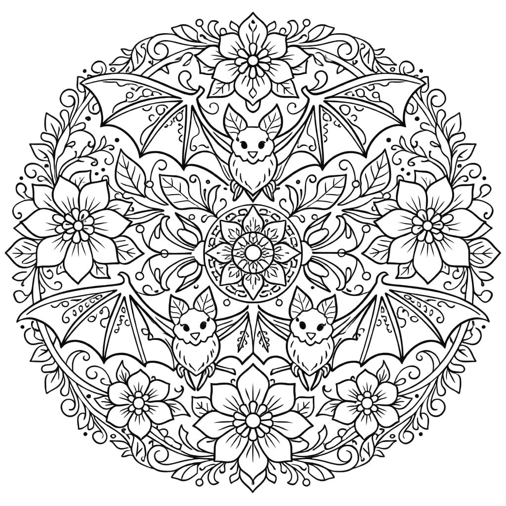 Coloriage Mandala: Chauves-souris et fleurs Mandalas