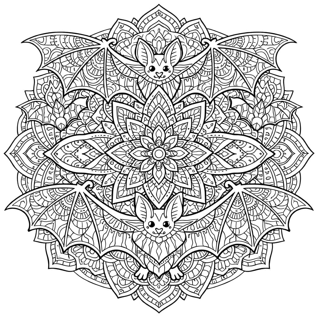 Coloriage Mandala: Chauves-souris et motifs floraux Mandalas