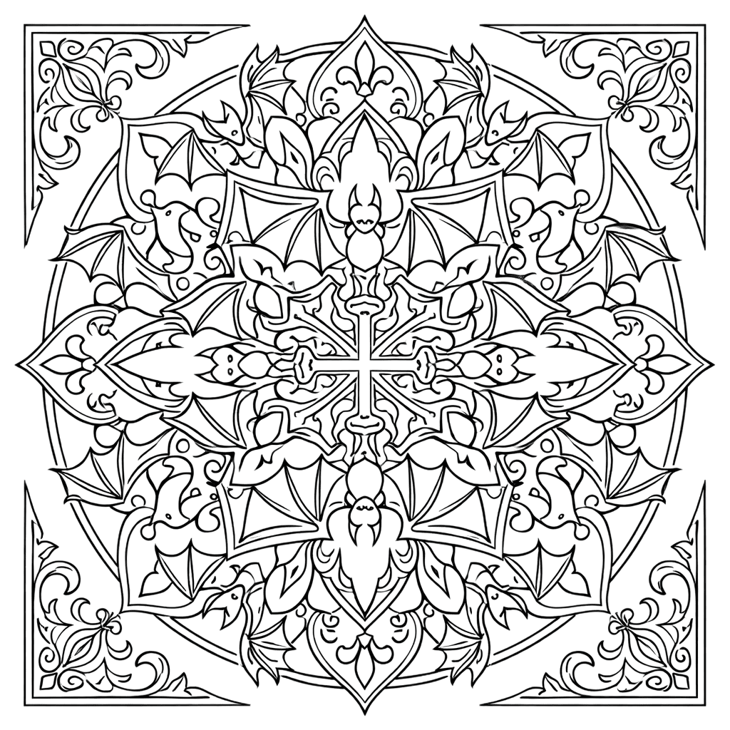 Coloriage Mandala: Chauves-souris et motifs gothiques Mandalas