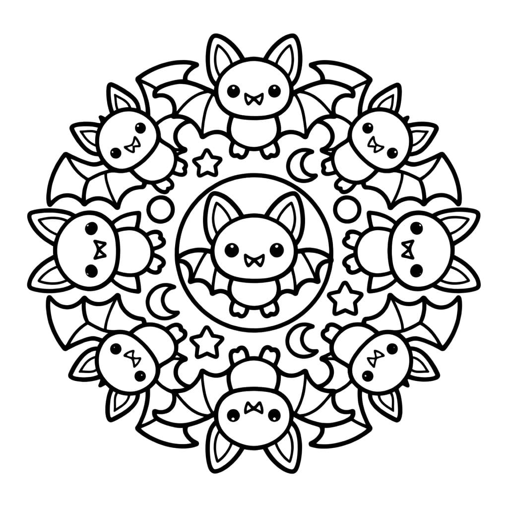 Coloriage Mandala: Chauves-souris kawaii Mandalas