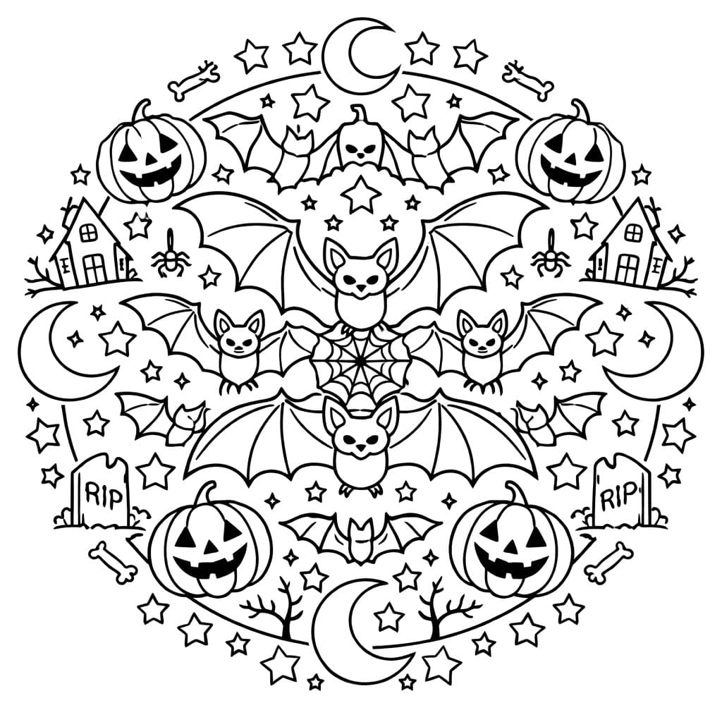 Coloriage Mandala: Chauves-souris sur le thème d'Halloween Mandalas